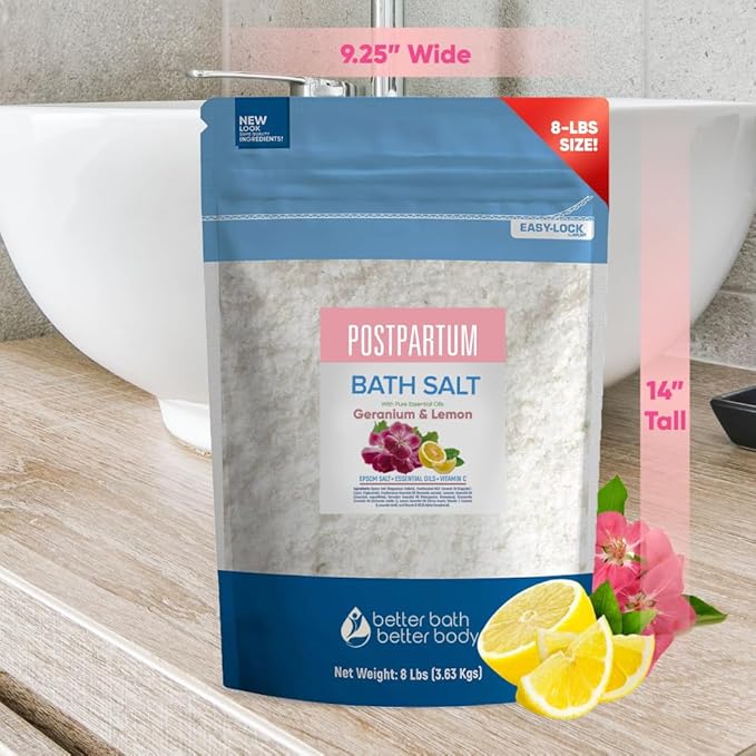 Postpartum Sitz Bath Soak 128 Ounces (8 Lbs) Bulk Bag Postpartum Care for New Moms Bath Salt with Essential Oils in Easy Press Lock BPA Free Pouch Made with Natural Ingredients Made in USA