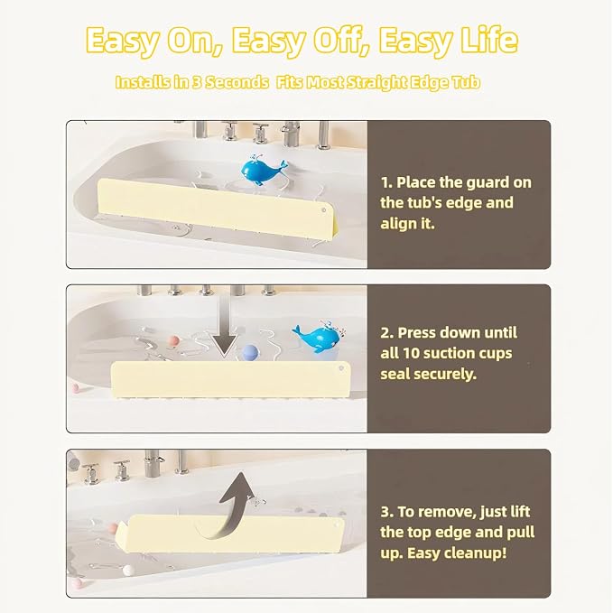 Silicone Bathtub Splash Guard 2-Ft, Toy Tray Holder with 10 Strong Suction Cups, Heightened Guard Design & Quick-Drain Slope Prevent Water Spills, Bathtub Accessories Gift for Family (Yellow)
