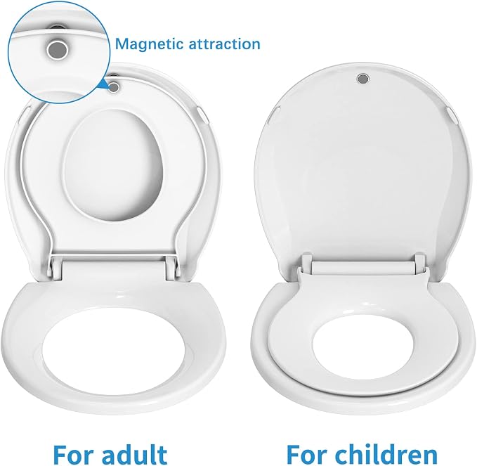 Round Toilet Seat with Toddler Seat, PP Safe Material, 2 in 1 Toilet Seat for Family Built-in Baby Seat Removable, 17 in,Soft Close + Easy Clean(White)