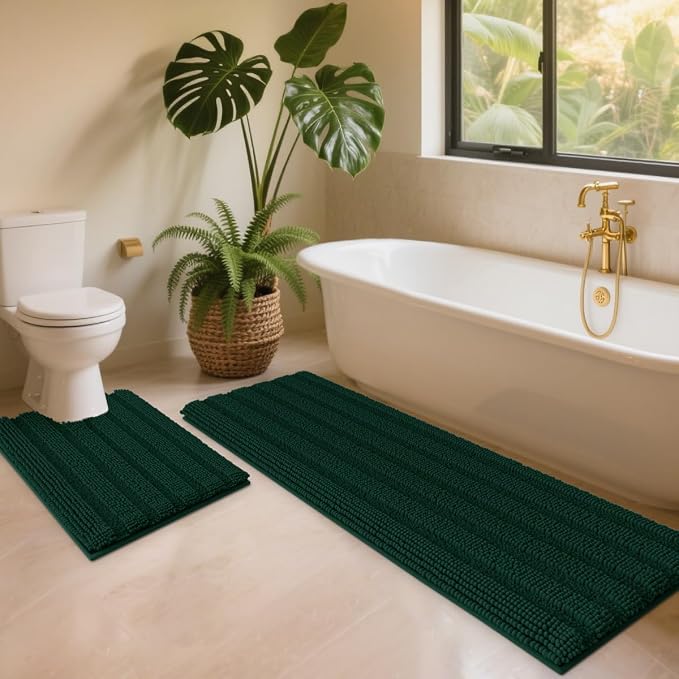 ACCUMTEK Christmas Striped Deep Green Toilet Bathroom Rug Mat Set 2 piece Rug Ultra Soft, Non Slip Chenille Bath Rugs, Absorbent Plush Shaggy Bath Mats for Bathroom, Bedroom, Kitchen, Shower, Tub