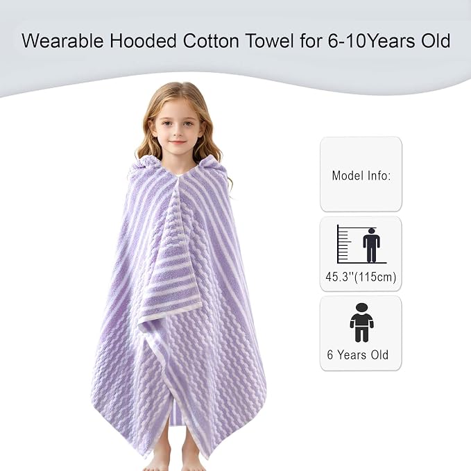 VOOVA & MOVAS Hooded Bath Towels for Kids | Soft Absorbent 100% Cotton Thick Towel Wrap | Versatile Beach, Pool, Swim & Bath Cover-Up | Purple White Vertical Stripe
