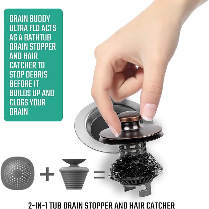 Drain Buddy Ultra Flo No Installation 2 in 1 Clog Preventing Tub Drain Stopper and Hair Catcher for 1 3/8" to 1.5" Bathtubs and Utility Sinks Oil Rubbed Bronze Metal Cap