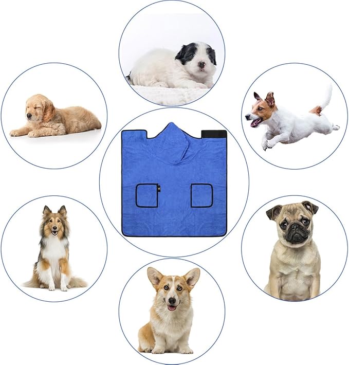 Dog Bathrobe Towel with Double Pocket, Wearable Dog Towel Super Absorbent Fast Drying, Soft Bath Robe with Hat and Belt for Medium Large Pet (Medium:Back Length 20"/50cm)