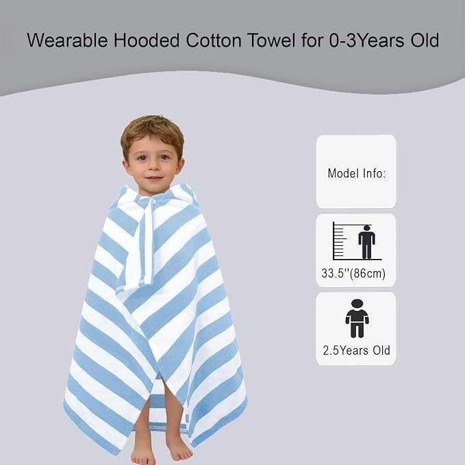 VOOVA & MOVAS Hooded Bath Towels for Toddler 0-3T, 25''X40, Soft | Thick | 100% Cotton | Absorbent Towel Wrap for Baby Boy, Perfect for Beach, Pool, Bath, Swimming,Light Blue Stripe