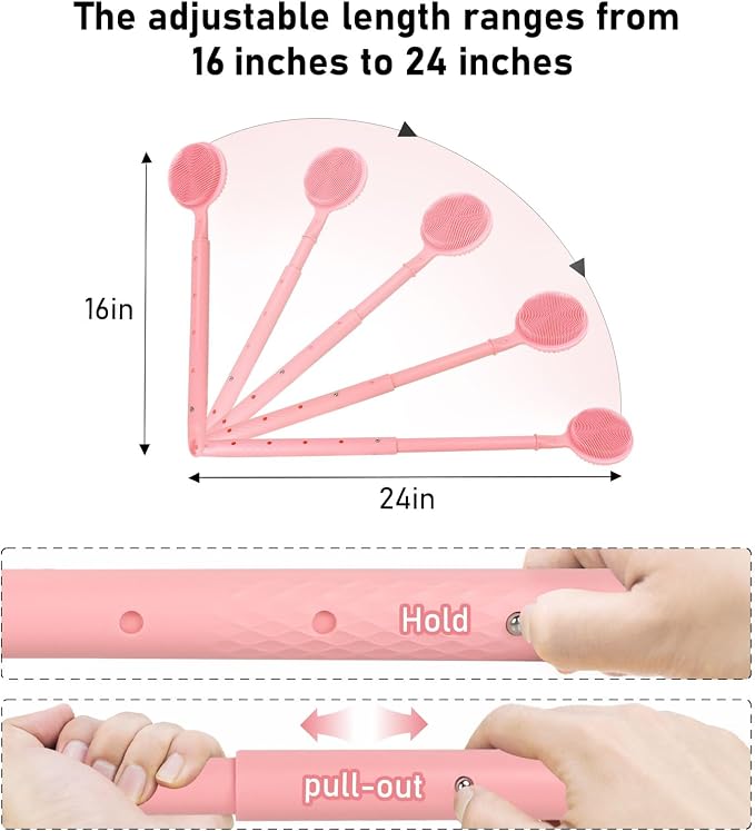 OZNER 24 Inches Silicone Back Scrubber for Shower - Extendable Long Handle Shower Brush with Dual-Sided Bristles - Exfoliating Body Scrubber for Sensitive Skin - Perfect for Men & Women (Pink)