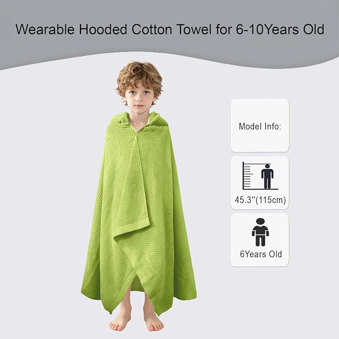 VOOVA & MOVAS Hooded Bath Towels for Kids | Soft Absorbent 100% Cotton Thick Towel Wrap | Versatile Beach, Pool, Swim & Bath Cover-Up | Grass Green Vertical Waffle