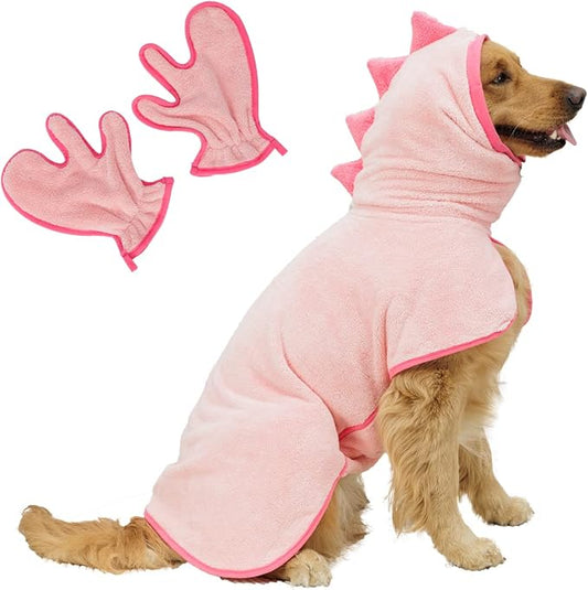 Pawyee Super Soft Fast-Drying Dog Towel Set for Cold Weather, Beach, Pool - Adjustable Microfiber Bath Robe with Drying Gloves for Cats and Dogs (X-Large, Pink Dino)