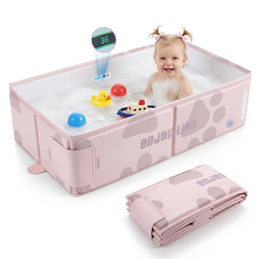 Orzbow Toddler Bathtub with Temperature Sticker, Collapsible Baby Bathtub with Side Drain Plug, Portable Bath Tub for Infant 6 Months+, Easy to Clean, Stable & Durable, Folds to Store, Pink