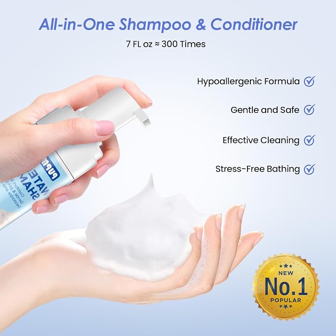 Waterless Cat Shampoo with Cat Brush - No Rinse Foam Dry Shampoo | Deep Cleansing Relieves Itchy Skin & Shedding | Gentle, pH-Balanced for Kittens Sensitive Skin | 2 Shampoo*1 Brush