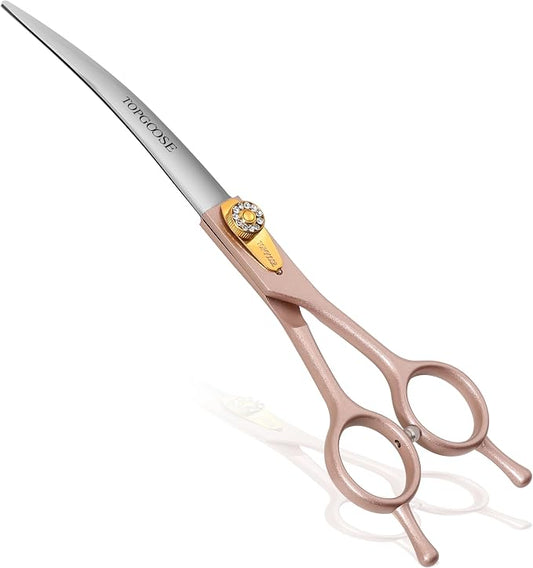 Professional Curved Dog Grooming Scissors 7.5'' 440C Stainless Steel Pet Cutting Shears Safety Trimming Shearing for Dogs Cats (Rose Gold, Curved Shear)