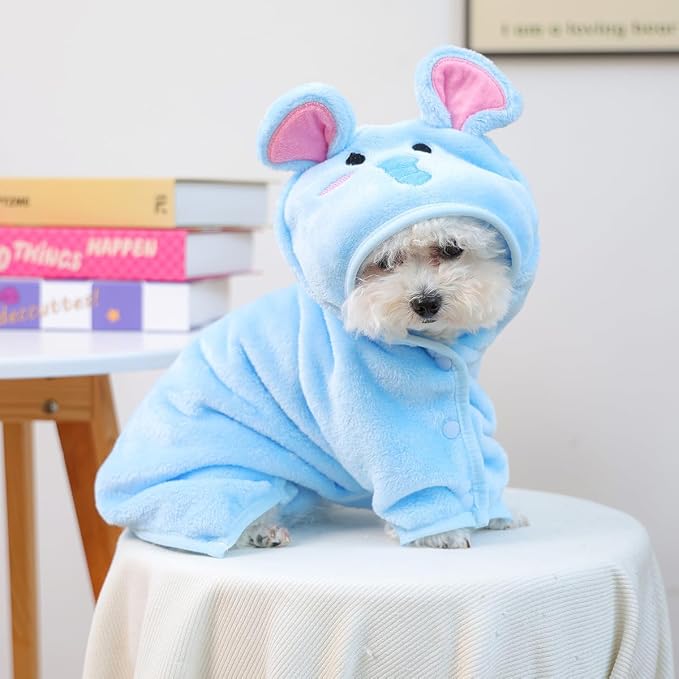 Dog Bathrobe with Hood Super Absorbent Soft Quick Drying Towel Wrap Adjustable Puppy Cat Bath Robe Towel for Cold Weather Beach Pool (Blue Elephant, Small)