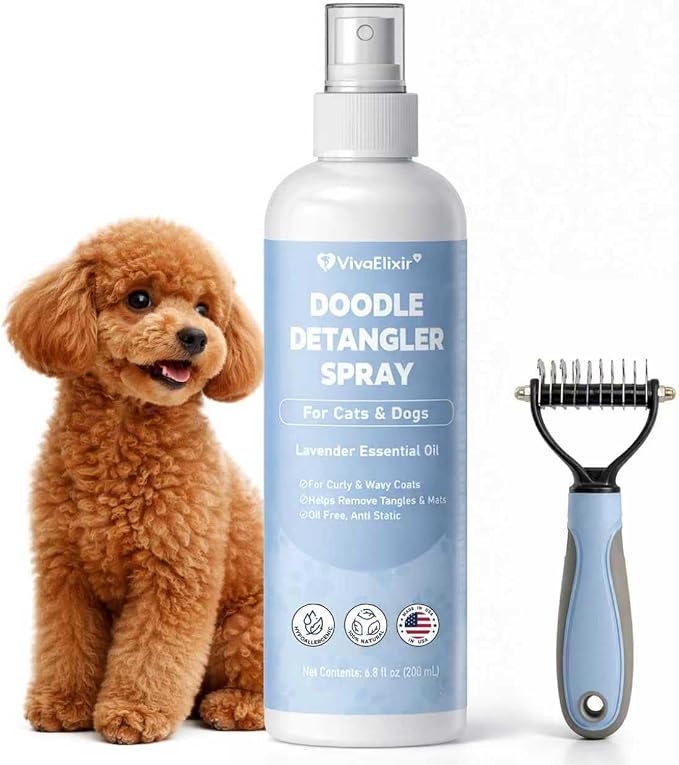 Dog Detangler Spray – Doodle Detangler Spray Leave-in Conditioner, Dematting Spray for Dogs, Cat & Dog Matted Fur Remover Grooming Spray, Removes Tangles & Odors, Poodle Tangle Remover – 6.8oz