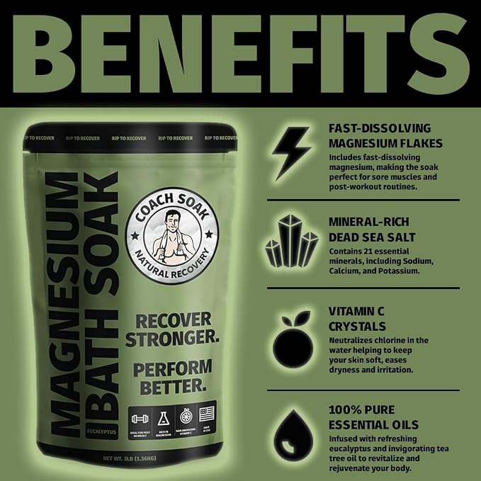 Coach Soak Recovery Bath Soak & Magnesium Cream - Bath Salt (3 lb) & Magnesium Lotion (3.4 oz) - Natural Recovery Cream & Fast-Absorbing Pure Flakes for Relaxing Muscle Support, Eucalyptus
