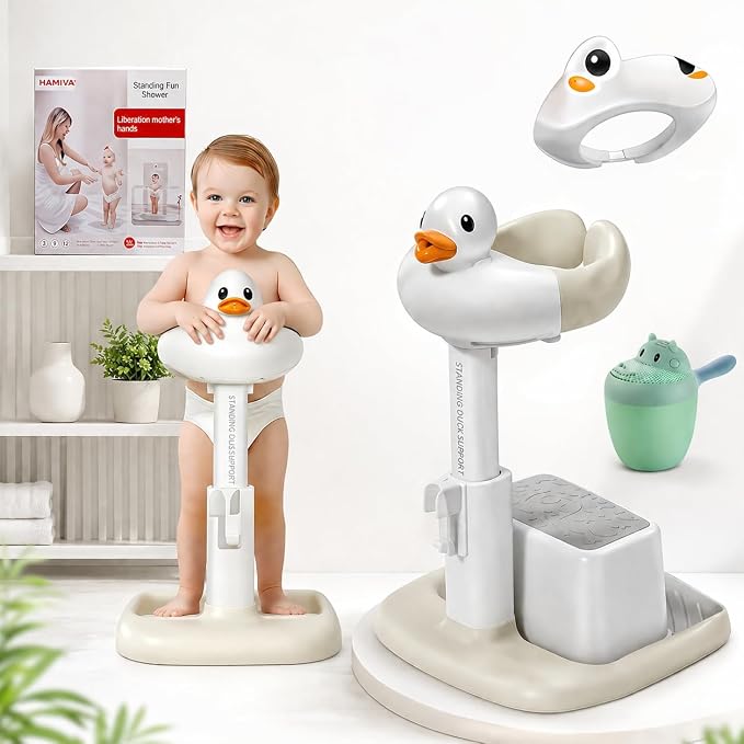 Baby Bath Stand with Built-in Seat - Duck Design - Anti-Slip Base - Baby Shower Stand for Sitting or Standing (Gray)