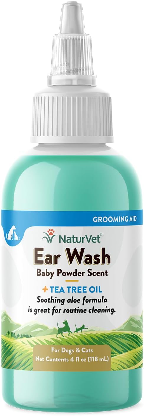 NaturVet Ear Wash Plus Tea Tree Oil for Dogs and Cats, 4 oz Liquid, Made in USA