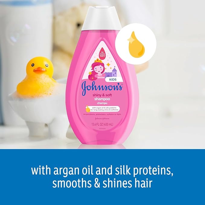 Bundle of Johnson's Kids Shiny & Soft Tear-Free Kids' Shampoo with Argan Oil & Silk Proteins, Hypoallergenic, Sulfate-Free, 13.6 fl. oz + Conditioning Spray for Toddler Haircare, 10 fl. oz