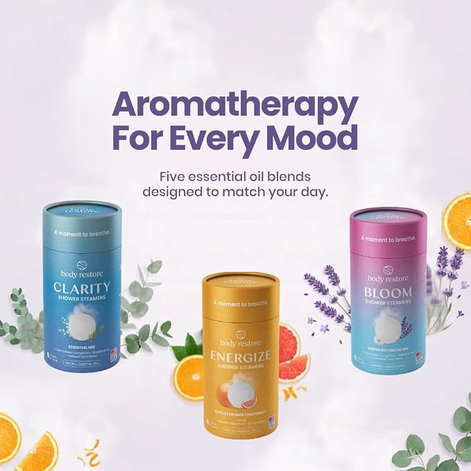 BodyRestore Shower Steamers Aromatherapy, Gifts for Women, Bloom 6 Pack | Birthday Gifts for Women, Men, Mom & Dad, Spa Stress Relief & Relaxation, Self Care, Essential Oil Tablets