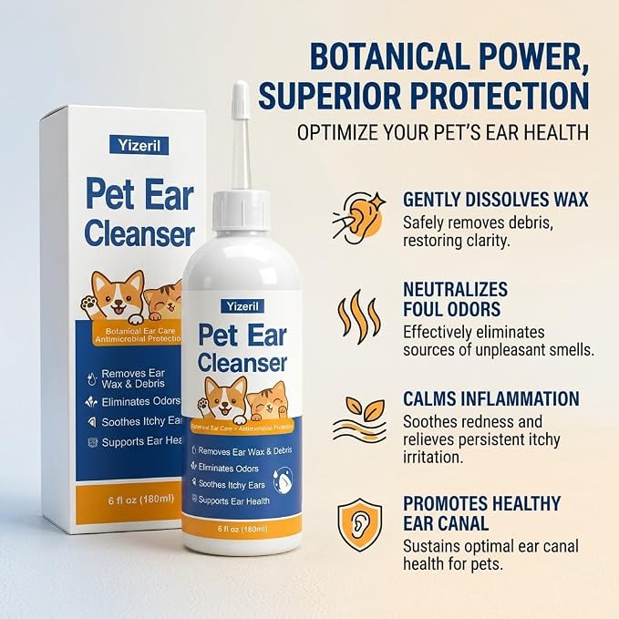 Dog Ear Wash - 180ml Gentle Cat Ear Cleaner Solution, Removes Ear Wax Debris and Ear Odor, Pet Ear Drops Liquid for Routine Ear Care