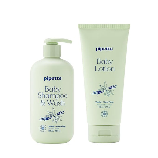 Pipette Vanilla + Ylang Ylang Wash and Lotion Duo, Pack of 2, Clean, Includes Baby Body Wash and Lotion for Newborns and Kids, Tear-Free Bath Time, Baby Bath and Newborn Essentials, Non-toxic