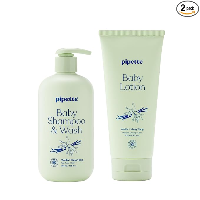 Pipette Vanilla + Ylang Ylang Wash and Lotion Duo, Pack of 2, Clean, Includes Baby Body Wash and Lotion for Newborns and Kids, Tear-Free Bath Time, Baby Bath and Newborn Essentials, Non-toxic