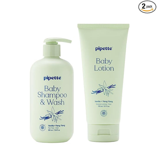 Pipette Vanilla + Ylang Ylang Wash and Lotion Duo, Pack of 2, Clean, Includes Baby Body Wash and Lotion for Newborns and Kids, Tear-Free Bath Time, Baby Bath and Newborn Essentials, Non-toxic