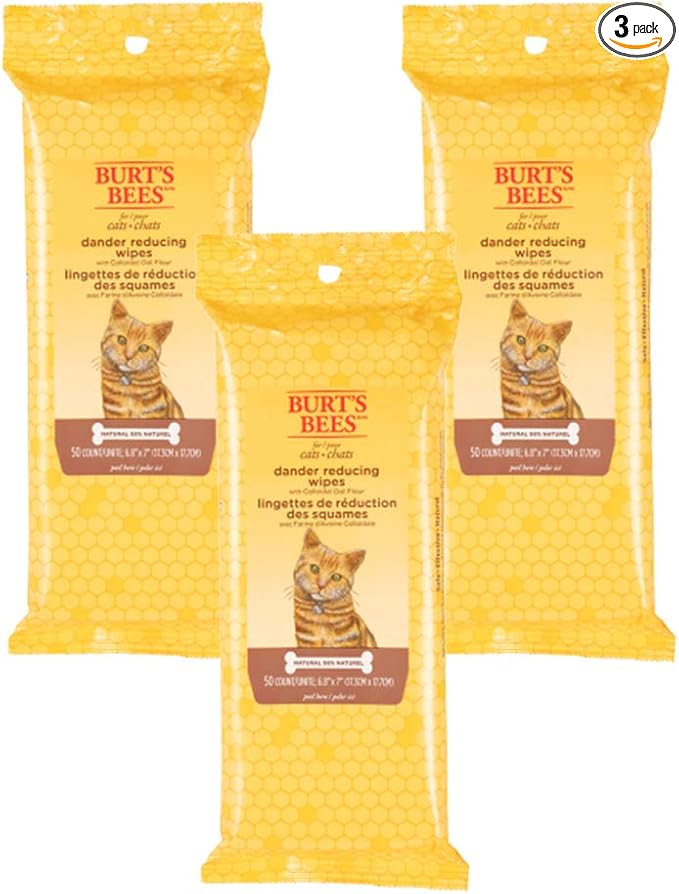 Burt's Bees for Pets Cat Dander Remover Wipes, Colloidal Oat Flour and Aloe to Soothe Dry Skin and Reduce Flaking, Unscented Grooming Cloths for Cats and Kittens, 50 Count - 3 Pack