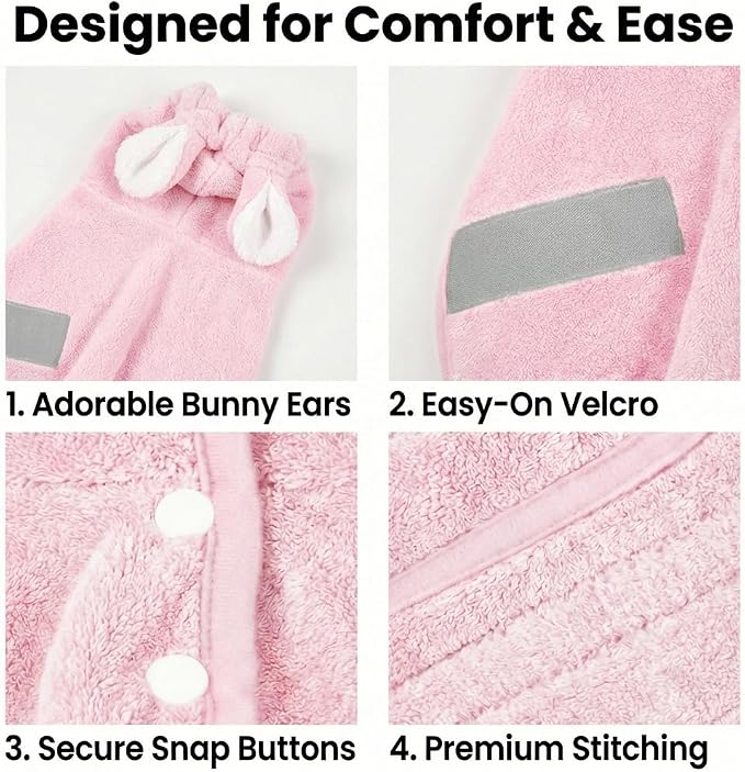 Dog Bathrobe Super Absorbent Towel for Small Dogs Cats Fast Drying Dog Robe Coat with Hood Puppy Cat Bath Towel Wrap Pet Grooming Supplies After Shower (Light Pink,XS)