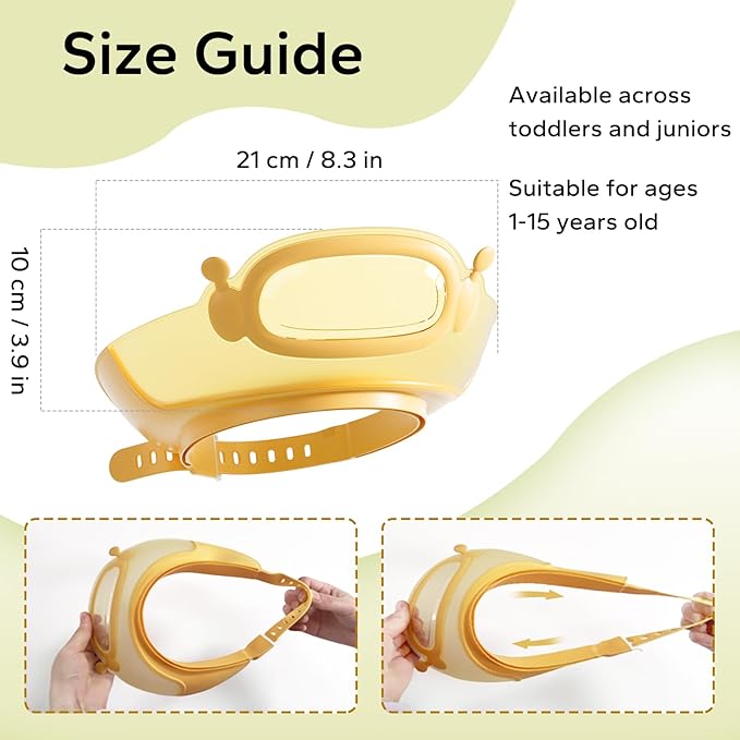 FUNUPUP Baby Shower Cap Toddler Hair Washing Shield Adjustable Bath Visor for Kids Shampoo Hat with Eyes Ears Cover 1-15 Years Boys Girls Essentials for Bath Time, Yellow