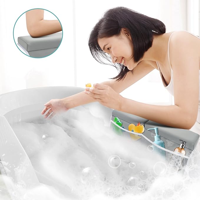 Beyoung Baby Bath Kneeler and Elbow Kneeling Rest Pad Set, Thickened Bathtub Kneeler Pad with Memory Foam and Bath Toys Organizer, Ideal Bath Kneeling Pad for Bathing Baby,Grey