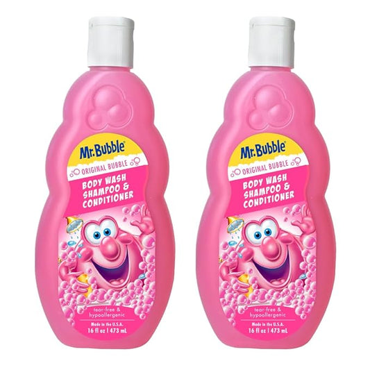 Mr. Bubble Kids Original 3in1 Shampoo, Conditioner, Body Wash – Hypoallergenic, Tear Free Bubble Gum Scented, Creates Big Bubbles In The Tub And Shower (Pack Of 2 Bottles, 16 fl oz Each)