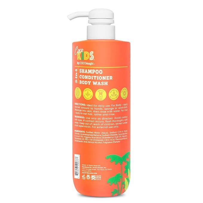 Cocomagic Cocokids 3-in-1 Kids Shampoo + Conditioner + Body Wash | Gentle, Hair & Body Cleanser Tear-Free | No Parabens, For All Skin Types, – Coconut Strawberry, 24 Fl Oz
