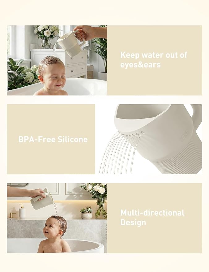 Roslim Silicone Baby Bath Rinse Cup, Shampoo & Body Rinser with Easy-Grip Handle for Rinsing Hair and Body Washing, Lightweight, Non-Toxic for Babies, Toddlers, Kids (White)