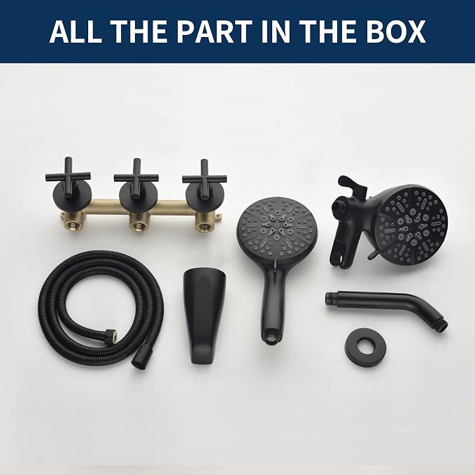3 Handles Shower Faucet Set with Tub Spout Bathtub Shower Faucet Combo Set Shower Systems Complete Tub and Shower Trim Kit Matte Black…