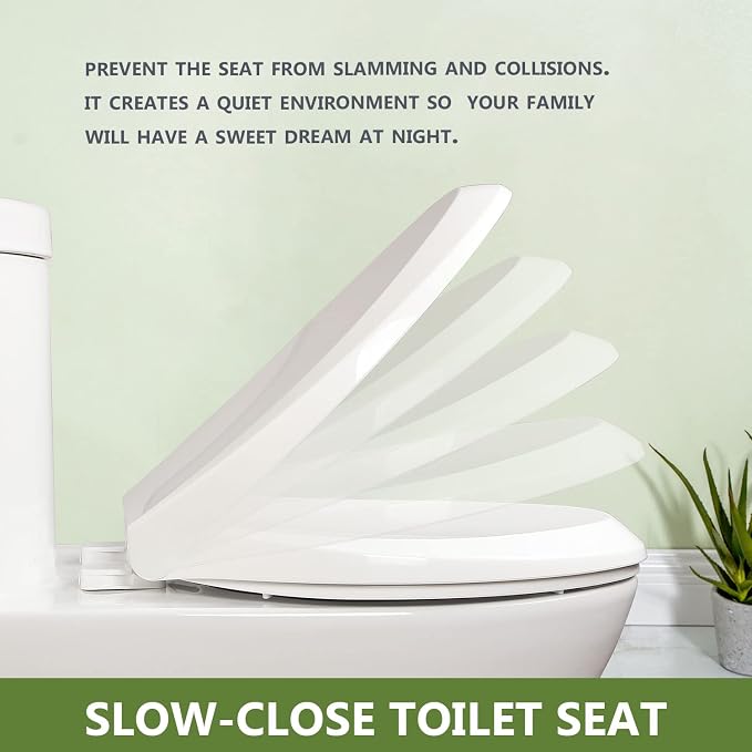 Elongated Toilet Seat with Toddler Seat Built In, Slow Close, Fits both Adult and Child, Potty Training Seat, Magnetic Kids Seat and Cover, Plastic, White