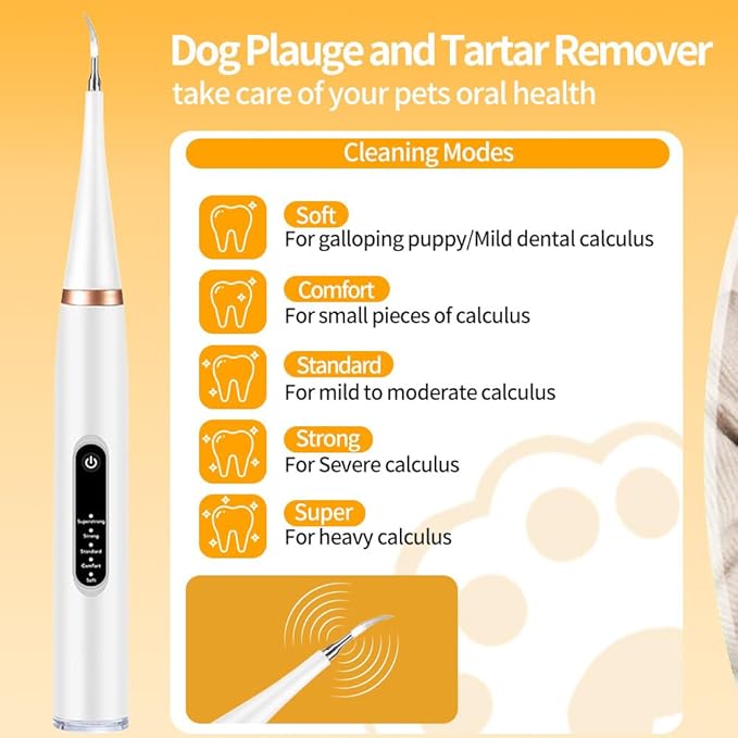 Dog Tartar Remover for Teeth, Dental Tools to Remove Plaque and Tartar, Pet Teeth Cleaning Kit with LED Light & USB, 5 Modes, IPX6 Waterproof, Silent Sonic for All Dogs and Cats, White