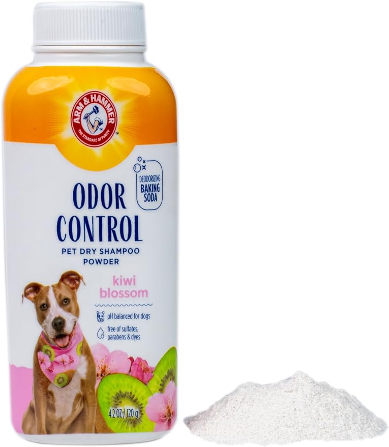 Arm & Hammer for Pets Odor Control Dry Shampoo Powder for Dogs and Puppies Waterless Dog Deodorizer Baking Soda Paraben Sulfate Dye Free Kiwi Blossom Scent 4.2 OZ at Home Travel Routine