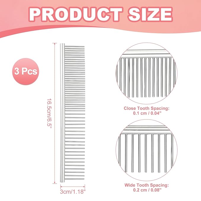 Dog Cat Comb, Pet Combs Stainless Steel Teeth with Rounded Ends for Knots Mats Loose Hair Removal, 6.5IN (Silver, 3 Pack), Grooming Tool Intended for Long Curly Hair Pet
