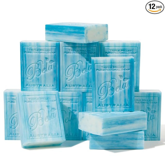BELA Ocean Soap 3.3 OZ, Pack of 12, Long Lasting French Triple Milled Bar Soap with Organic Shea Butter, Hand Face, and Body Wash Bar, Made in Australia