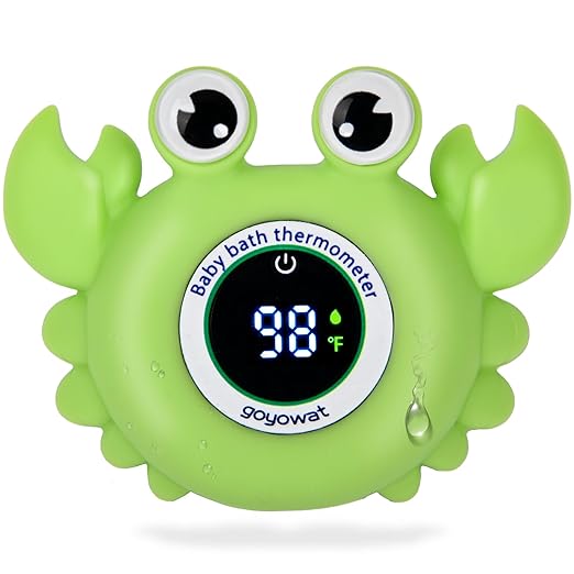 Baby Bathtub Thermometer with LED Display Screen+Green Crab toy-2-in-1 | Color Coded Alarm (Cold/Comfortable/hot) Bath Temperature Monitor, Adorable Floating Toys for Infants, Essential for Babies