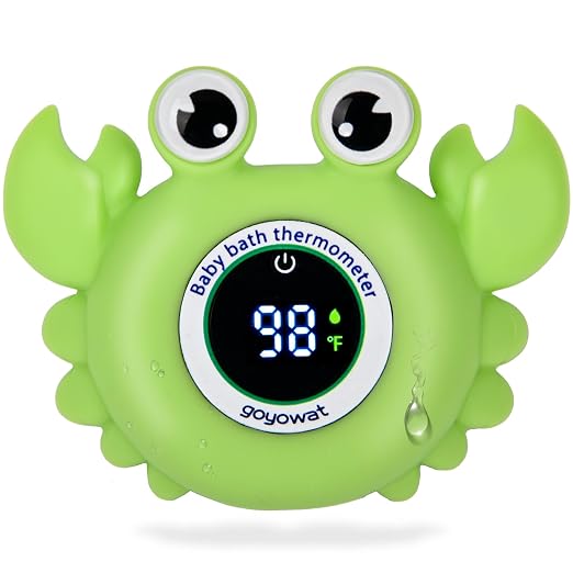 Baby Bathtub Thermometer with LED Display Screen+Green Crab toy-2-in-1 | Color Coded Alarm (Cold/Comfortable/hot) Bath Temperature Monitor, Adorable Floating Toys for Infants, Essential for Babies