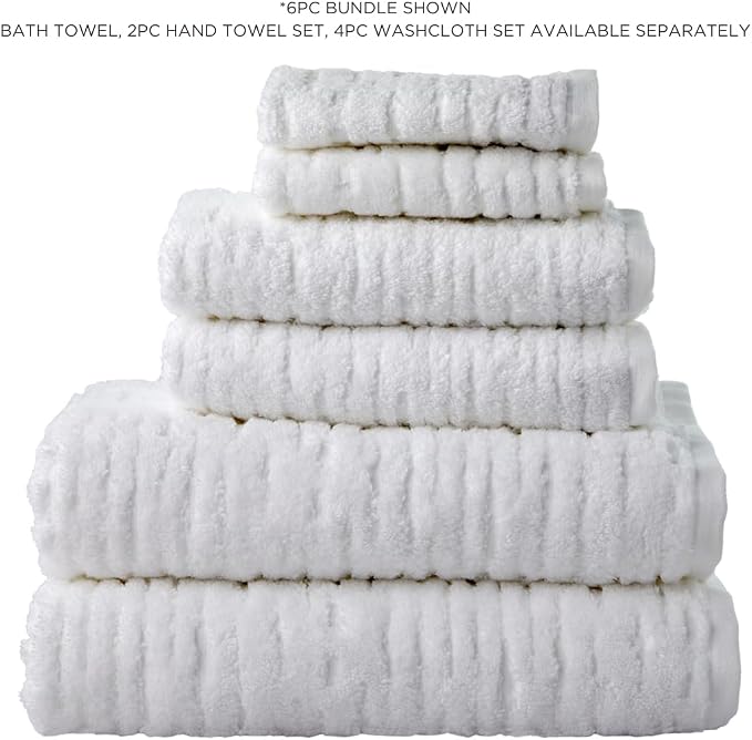 SKL Home CloudSoft 100% Cotton Luxury 6-Piece Towel Set, 600 GSM, Ultra Plush & Absorbent - 2 Bath Towels, 2 Hand Towels, 2 Washcloths, White