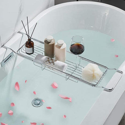 Stainless Steel Bathtub Caddy Tray, Expandable Bath Tub Table, Adjustable Bathroom Tray, Bath Organizer Tub Shelf,Silver,26.8~35.4in