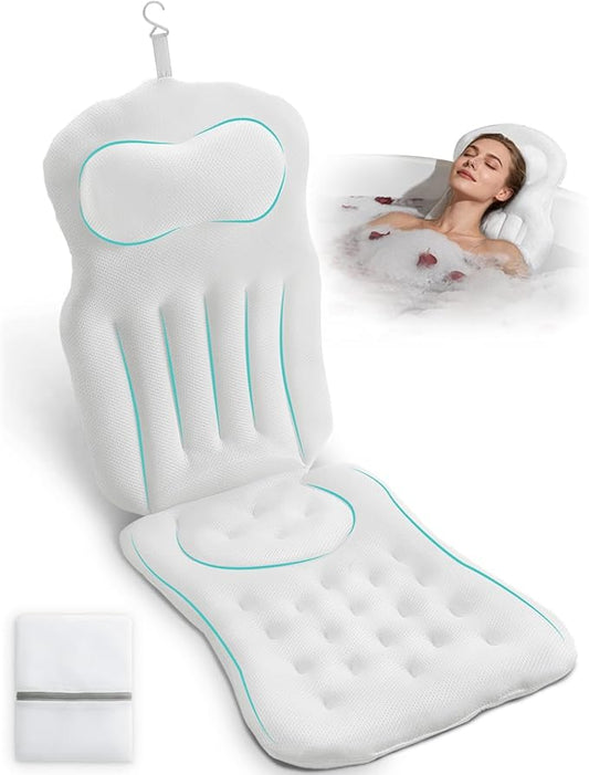 Full Body Bath Pillow for Bathtub, 5D Thick Tub Pillow for Bathtub with 192 Non-Slip Suction Cups, Laundry Bag & Hook, Bathtub Pillow for Head, Neck & Back Support (White, 51"*15")