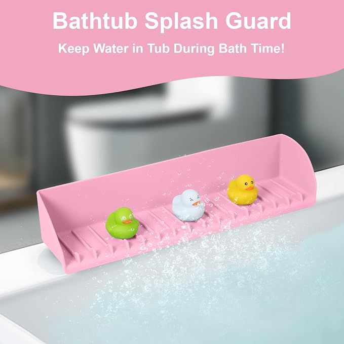 Tub Splash Guard for Kids, Bathtub Edge Water Guard Play Shelf and Toy Storage Organizer, Bathroom Sink Silicone Splash-Resistant with 4 Suction Cups, Easy to Install, Pink, 1 Pack