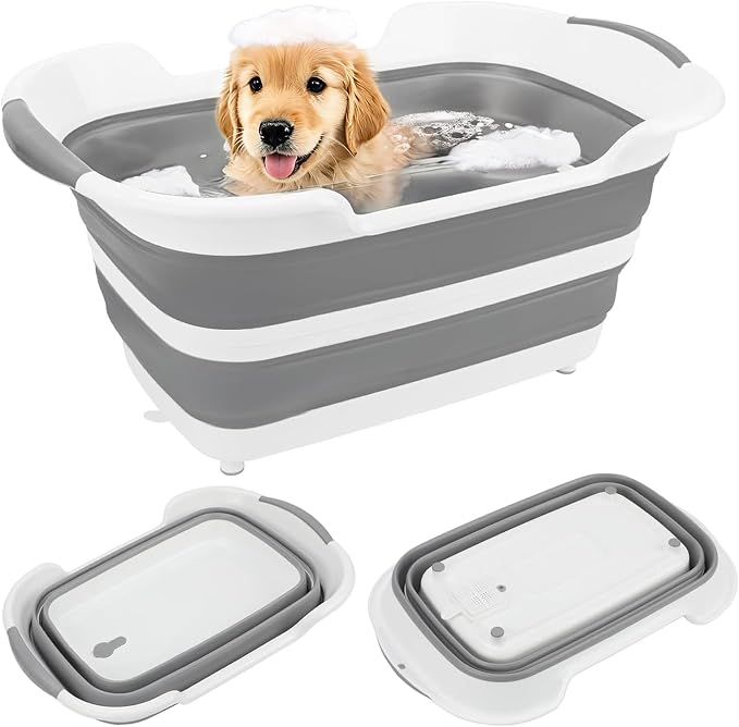 7.1 Gal/27L Multipurpose Collapsible Dog Bathtub, Raised Small Pet Bathtub with Drainage Hole and Pet Hair Collector, Portable Dog Bath Tub for Puppy Cats Space Saving Laundry Basket Organizer