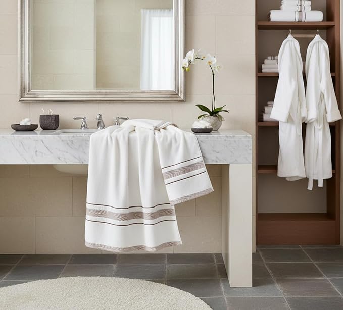 Bath Towels Set for Bathroom – Luxury 6-Piece Cotton Towels, Soft Absorbent & Quick Dry, 600 GSM Bath Towels for Bathroom, Hotel Spa Quality (2 Bath, 2 Hand, 2 Washcloths, White Brown Stripe)