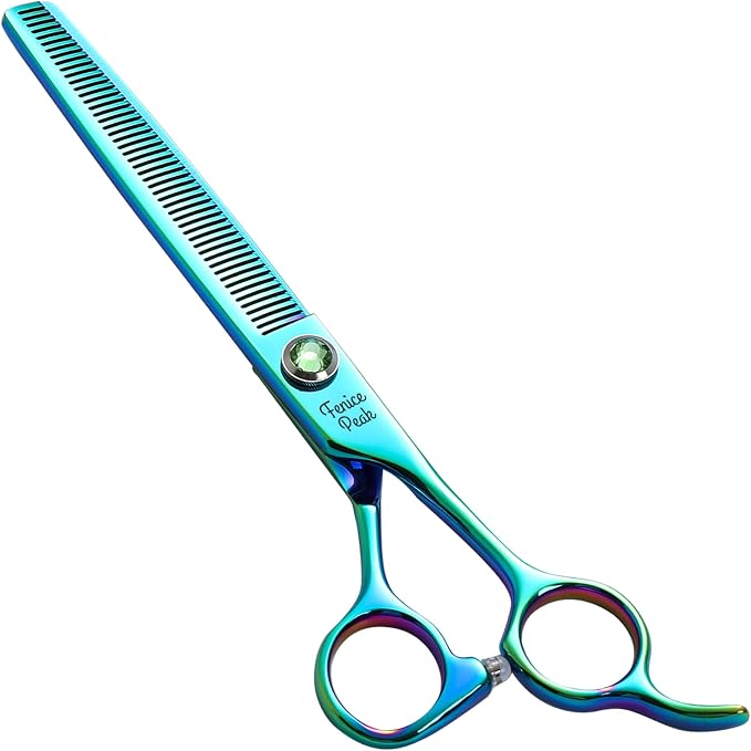 7'' Green Thinning Dog Grooming Scissors Pet Shears with Ergonomic Offest Handle and Simulated Emerald Screw 440C Grooming Scissors Trimming Shears Durable and Sharp