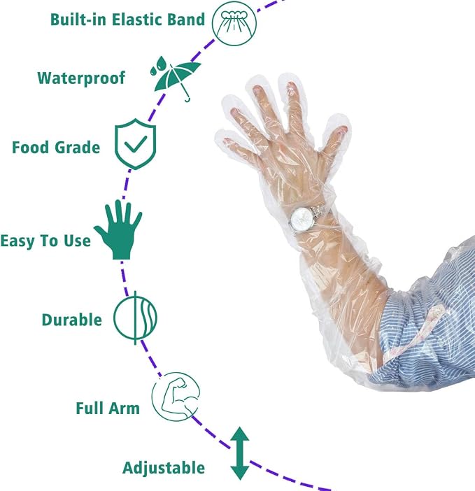 50Pcs Waterproof Arm Cast Cover for Shower Bath (Built-in Elastic Band) Disposable Long Gloves Plastic Full Arm 35.5 inch Field Dressing Cow Palpation Garden Operations Pet Cleaning Food Prep