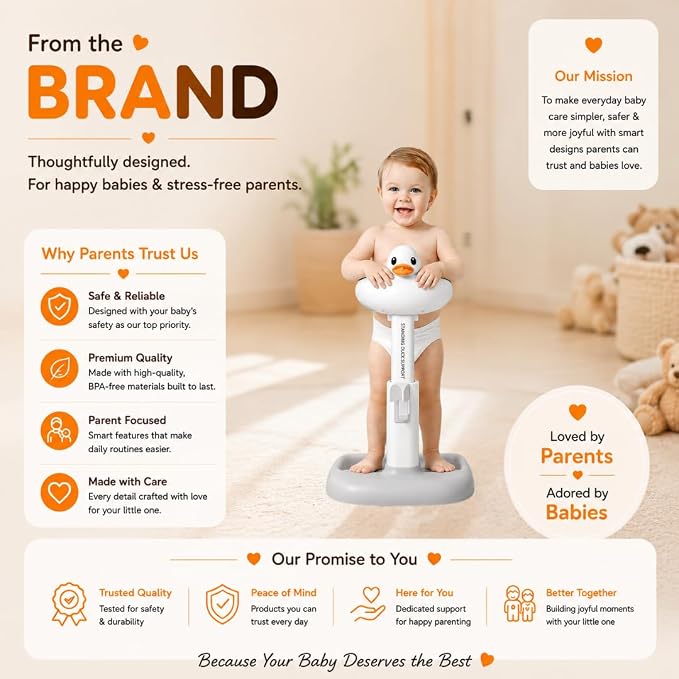 Baby Bath Stand with Built-in Seat - Duck Design - Anti-Slip Base - Baby Shower Stand for Sitting or Standing (White Beige)