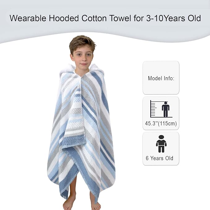 VOOVA & MOVAS Kids Hooded Bath Towel (3-10 Years,56"X30") | Soft Quick Drying Absorbent 100% Cotton Thick Towel Wrap | Versatile Beach, Pool, Swim & Bath Cover-Up | Blue Gray Vertical Stripe